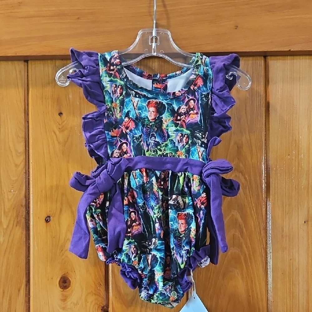 Purple Ruffle Baby Romper with Hocus Pocus Print